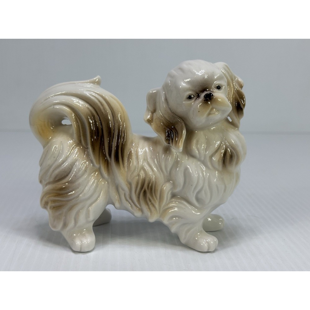 Vintage Dog Figurine Ceramic Porcelain White Tan Long Hair Toy Breed 6" Japan